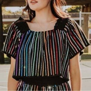 QUEEN OF SPARKLES Women’s Black Rainbow Sequin Off Shoulder Sweater Top Sz S